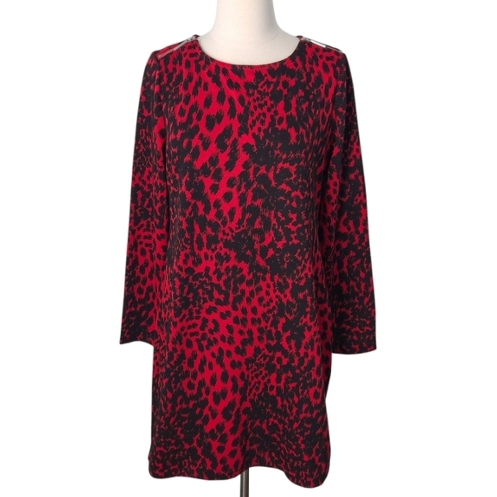 Michael‎ Kors Red & Black Leopard Knit Long Sleeve Dress